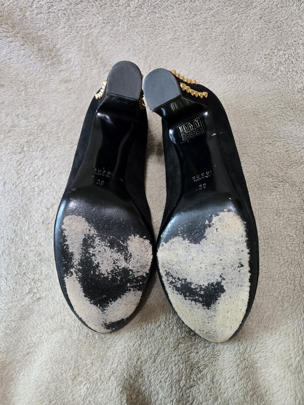 Gucci Jacquelyne Black Suede Gold Studded Block Heel Round Toe Pumps Size 39 - Picture 10 of 15